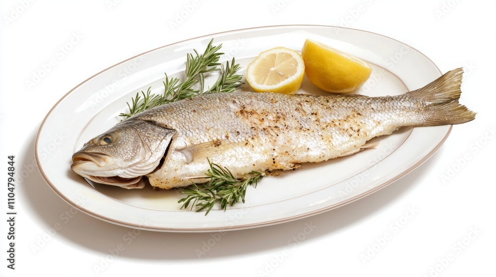 Fresh Whole Fish on Rustic Platter: Detailed Capture of Shiny Scales and Firm Flesh with Herbs and Lemon Garnish Fresh Whole Fish on Rustic Platter: Detailed Capture of Shiny Scales and Firm Flesh with Herbs and Lemon Garnish