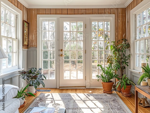 Sunroom with white French doors, wooden walls, grey wood paneling, cream window frames, plants, coffee table near entrance, front door view.