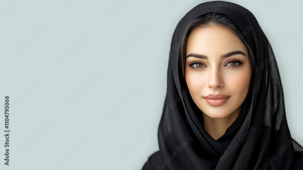 A close up portrait of a beautiful smiling young Muslim woman wearing a black hijab and a black top, isolated on a gray background. Copy space, aspect ratio 16:9 A close up portrait of a beautiful smiling young Muslim woman wearing a black hijab and a black top, isolated on a gray background. Copy space, aspect ratio 16:9