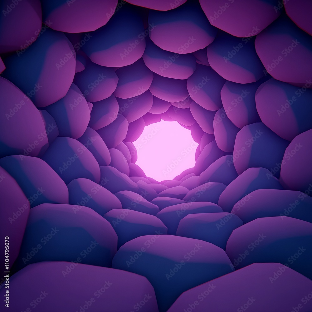 Obraz premium Abstract tunnel of purple and pink stones leading to bright light.