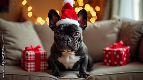 Dog wearing Santa hat near gifts or Christmas themed dog on sofa photo