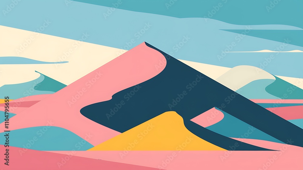 Flat style illustration of pastel sand dunes in shades of pink, blue, yellow, and green under a soft blue sky with clouds. Flat style illustration of pastel sand dunes in shades of pink, blue, yellow, and green under a soft blue sky with clouds.