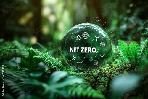 Net Zero Carbon Neutral Concept with Glass Orb Icons in Green Forest Under Sunlight for Environmental Sustainability Strategy photo