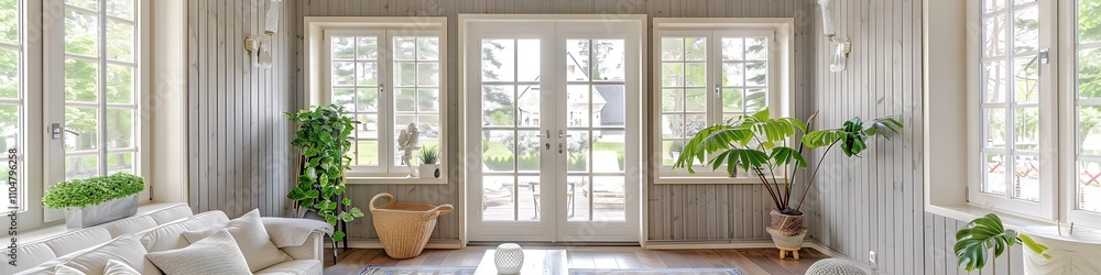 Fototapeta premium Sunroom with white French doors, wooden walls, grey wood paneling, cream window frames, plants, coffee table near entrance, front door view.