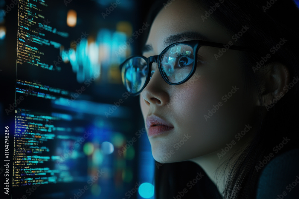 A Focused Female Programmer With Glasses Immersed in Coding at a Tech Workspace. A Focused Female Programmer With Glasses Immersed in Coding at a Tech Workspace.