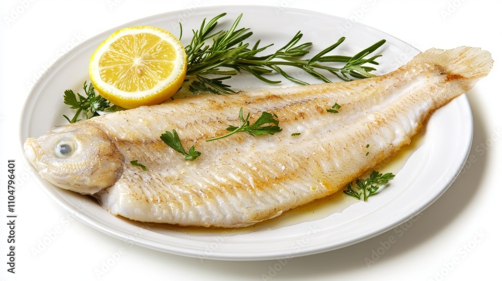 Fresh Whole Flounder on Plate with Herbs and Lemon - Macro Close-up Photo of Smooth Skin and Delicate Texture Fresh Whole Flounder on Plate with Herbs and Lemon - Macro Close-up Photo of Smooth Skin and Delicate Texture