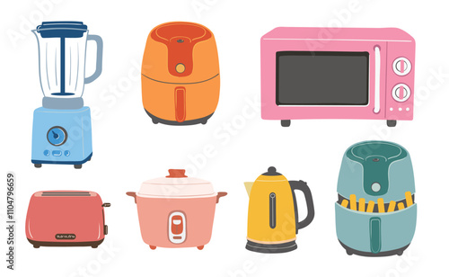 Vector illustration of various modern kitchen appliances in vibrant colors, including a blender, air fryers, toaster, microwave, rice cooker, and kettle.