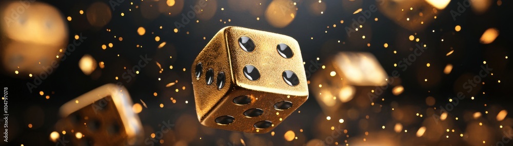 dice dots movement concept. A close-up of golden dice rolling in a dynamic scene filled with sparkling particles, evoking a sense of excitement and chance. dice dots movement concept. A close-up of golden dice rolling in a dynamic scene filled with sparkling particles, evoking a sense of excitement and chance.