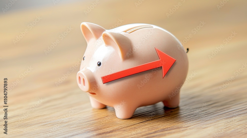 Fototapeta premium Piggy Bank with Downward Arrow Symbolizing Reduction