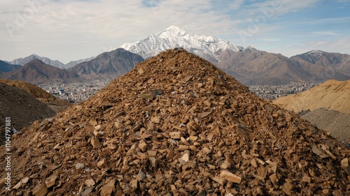 environmental consideration pollution and nature. Mountainous landscape with a large pile of rocks in the foreground. photo