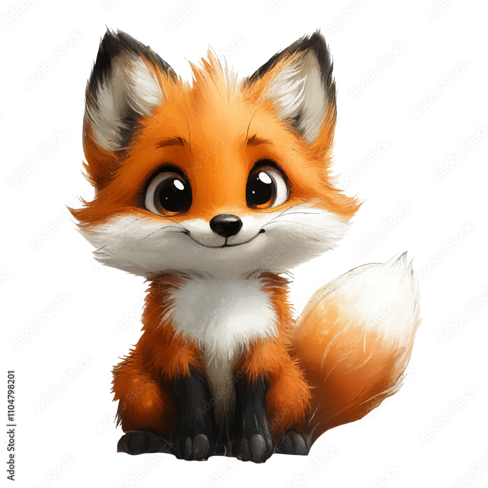 Obraz premium Adorable cartoon baby fox illustration with fluffy fur, bright eyes, and a sitting pose, perfect for kids' designs, nursery decor, and animal-themed projects, Baby Shower