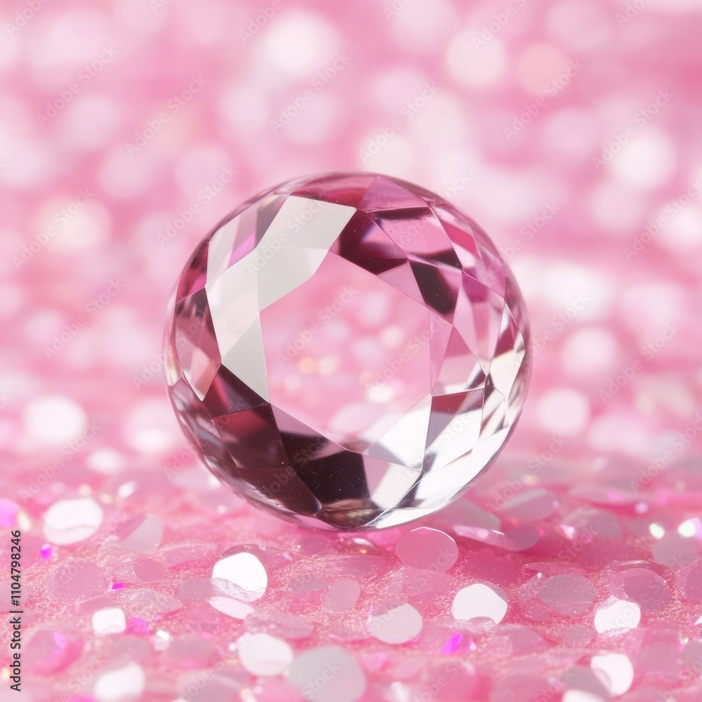 Close-up of a sparkling pink gemstone on a pink glitter background. Close-up of a sparkling pink gemstone on a pink glitter background.