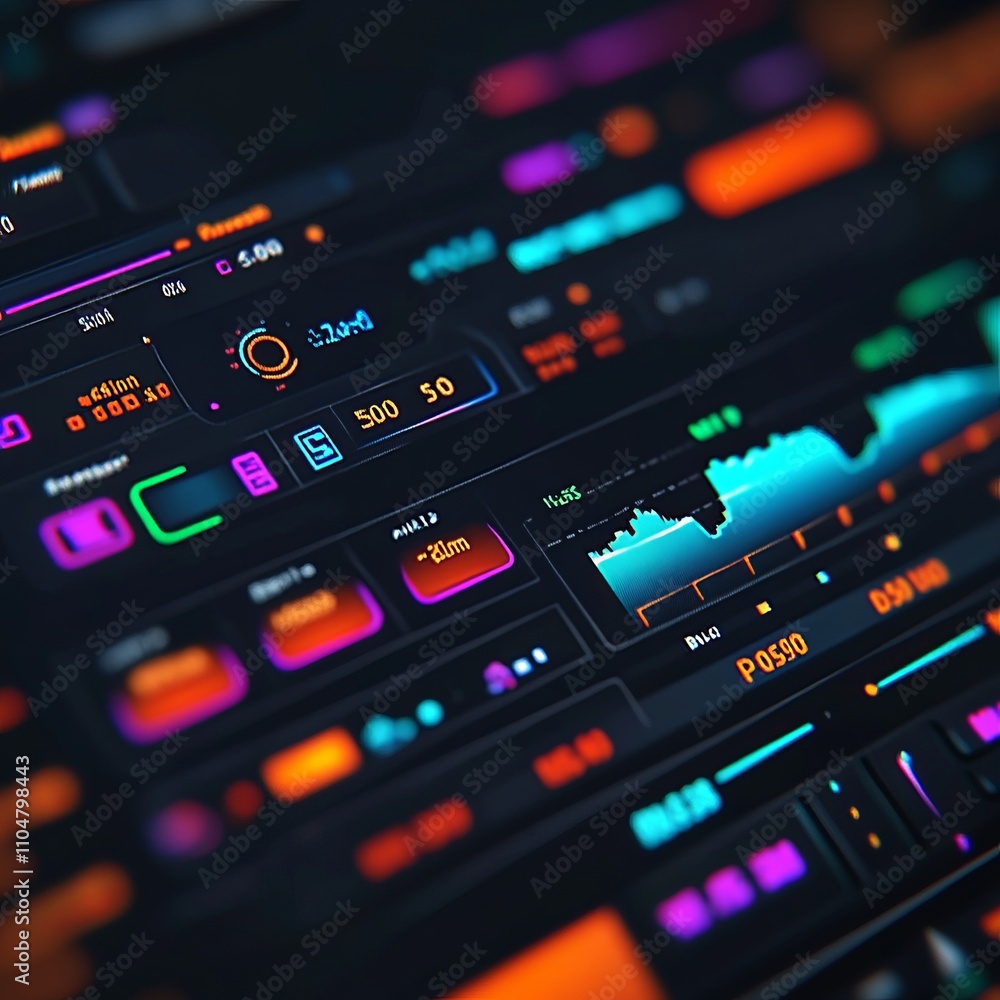 Close-up of a vibrant digital dashboard displaying various data points, graphs, and metrics. Close-up of a vibrant digital dashboard displaying various data points, graphs, and metrics.