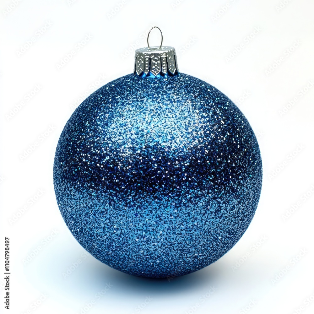 A blue, glittery Christmas ball ornament isolated on a white background A blue, glittery Christmas ball ornament isolated on a white background