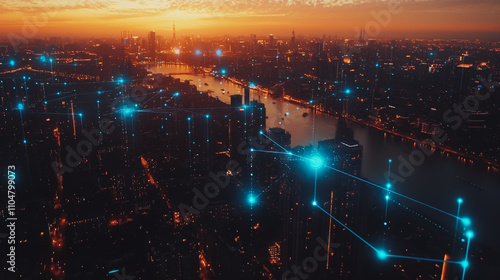 Smart digital city with connection cyber security network reciprocity over the twilight cityscape.future wireless digital city and social media networking systems that connects people within the city