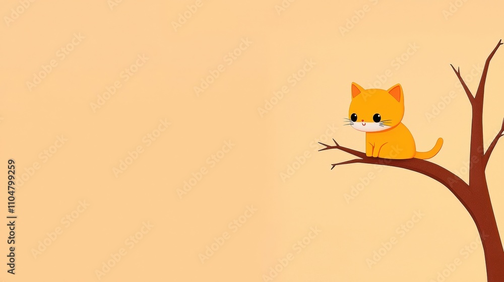 Cute Orange Kitten on Bare Branch Minimalist 3D Illustration Cute Orange Kitten on Bare Branch Minimalist 3D Illustration