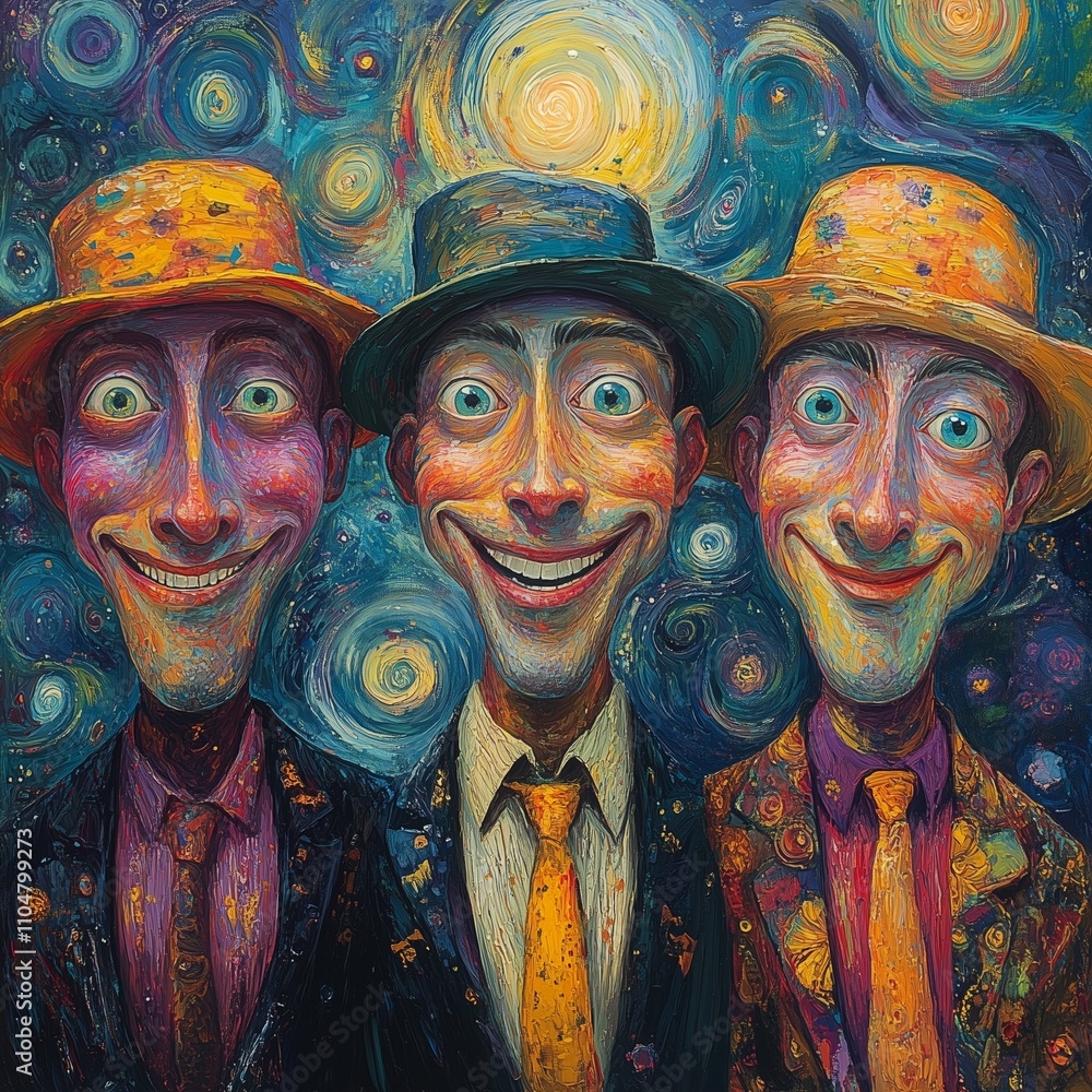 Obraz premium A vibrant abstract art piece featuring three expressive people, reflecting the complexities of the mind and mental energy in dynamic forms.