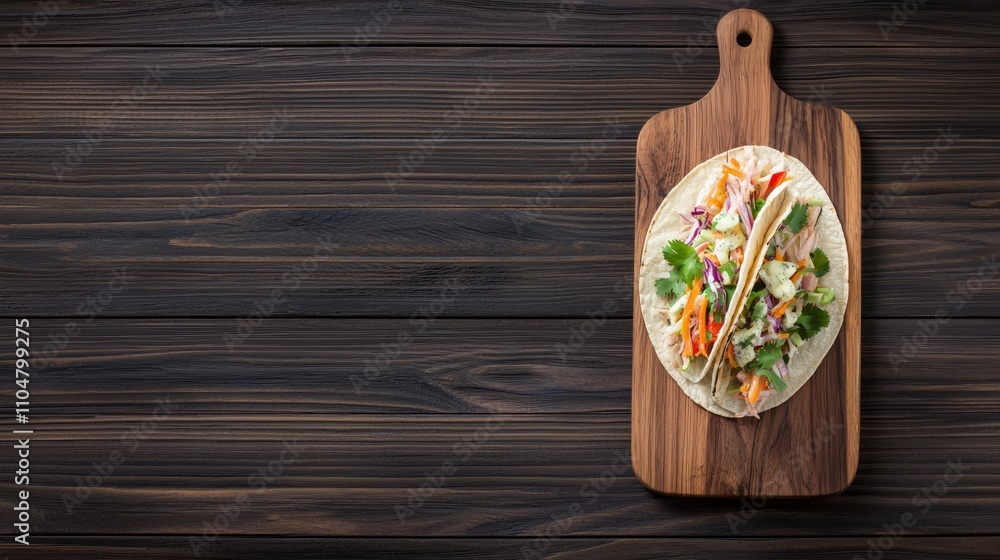 Fresh and Savory Fish Taco with Vibrant Toppings on Rustic Wooden Board - Ultra-Detailed Shot of Flaky Fish Cuisine Fresh and Savory Fish Taco with Vibrant Toppings on Rustic Wooden Board - Ultra-Detailed Shot of Flaky Fish Cuisine