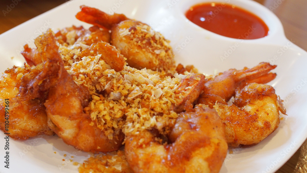 Crispy Garlic Shrimp with Spicy Dipping Sauce - Perfect for Food Blogging or Menu Design Crispy Garlic Shrimp with Spicy Dipping Sauce - Perfect for Food Blogging or Menu Design