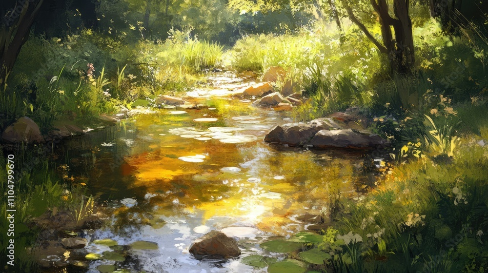 A serene stream flows through a lush, sunlit forest, reflecting nature's beauty and tranquility.