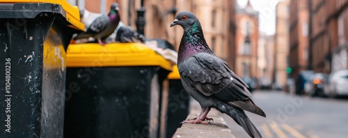 environmental consideration pollution and nature. Pigeon perched on a ledge near urban trash bins. photo