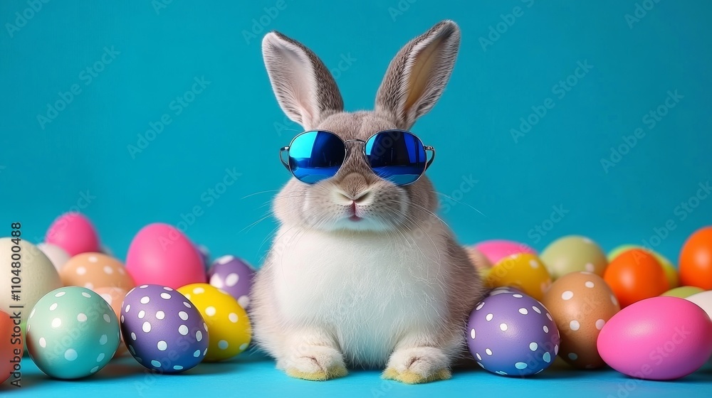 Cute bunny in aviator sunglasses with Easter eggs on bright blue background Cute bunny in aviator sunglasses with Easter eggs on bright blue background
