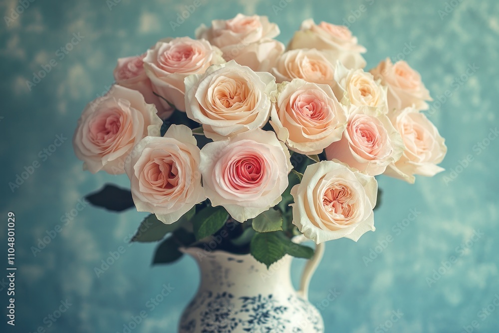 Obraz premium A bouquet of light pink roses arranged in a white pitcher with a floral pattern against a blue background.
