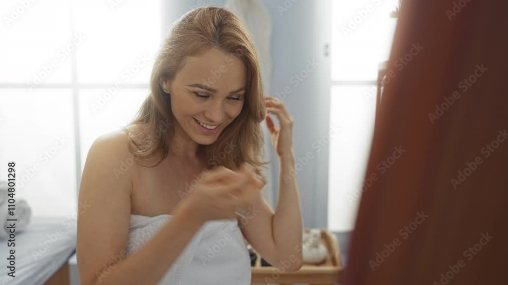 Woman enjoying time at spa in a tranquil wellness room with soft lighting, white towel, serene atmosphere, relaxed expression, pampered, fresh, natural, smiling, blonde Woman enjoying time at spa in a tranquil wellness room with soft lighting, white towel, serene atmosphere, relaxed expression, pampered, fresh, natural, smiling, blonde