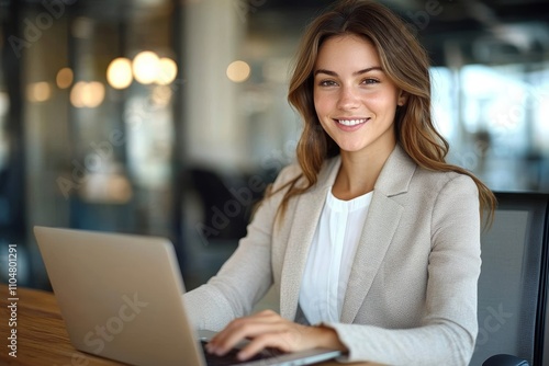 Business Woman Working on Laptop in Office Smiling Professional Executive Female in Blouse and Blazer at Desk