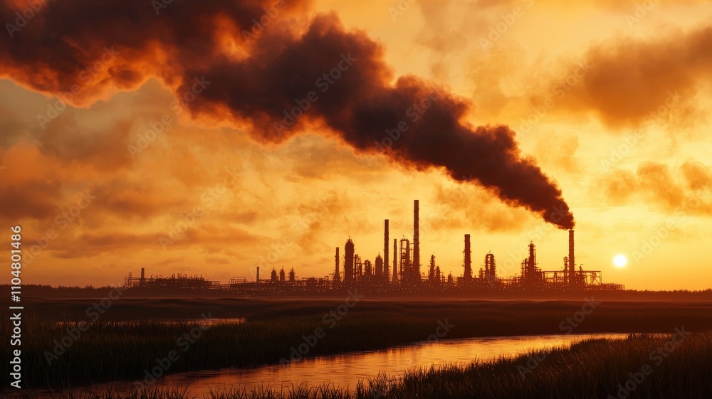 environmental consideration pollution and nature. Industrial skyline at sunset with smoke and water reflection. environmental consideration pollution and nature. Industrial skyline at sunset with smoke and water reflection.