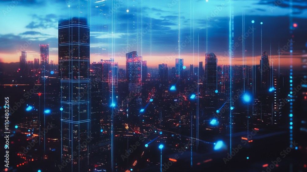 Smart digital city with connection cyber security network reciprocity over the twilight cityscape.future wireless digital city and social media networking systems that connects people within the city Smart digital city with connection cyber security network reciprocity over the twilight cityscape.future wireless digital city and social media networking systems that connects people within the city