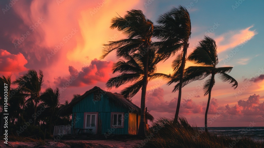 Obraz premium A vibrant sunset over a coastal hut, surrounded by swaying palm trees.