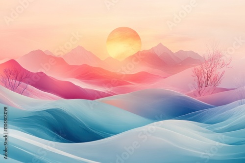 A dreamy, abstract landscape with a large sun and blue and pink mountains in the background.