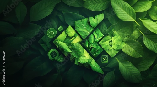 A vibrant and earthy design for organic products, featuring a green abstract arrow made from overlapping leaf textures, with eco-friendly symbols surrounding it.