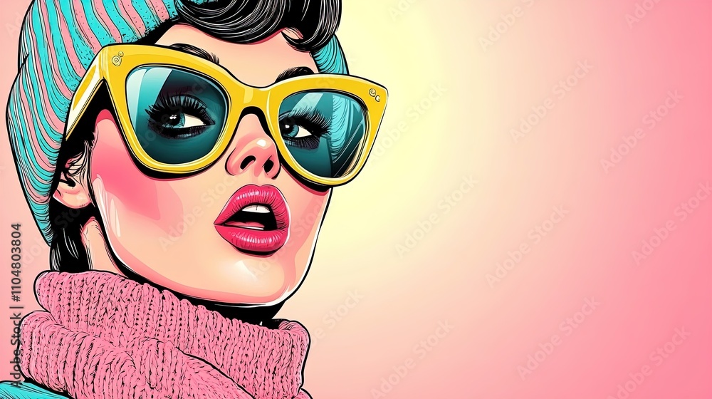 Vibrant Close-Up of Trendy Woman in Multicolored Striped Beanie and Oversized Sunglasses – Perfect for Sporty Interior Posters and Chic Wall Art Vibrant Close-Up of Trendy Woman in Multicolored Striped Beanie and Oversized Sunglasses – Perfect for Sporty Interior Posters and Chic Wall Art