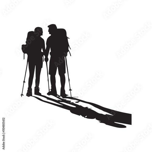 Couple Outdoors Vector Silhouette, Group of Hiking man Silhouettes. hiker with backpack and rucksacks silhouette.