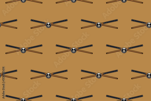 black ball and stick billiard crossed seamless pattern on brown background. 8 ball and stick pool snooker crossed illustration pattern background for billiard decoration and merchandise 