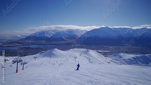 Wallpaper Mural A skier descends a snowy slope with mountains and a lake in the background. Torontodigital.ca