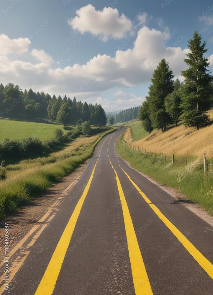 Fototapeta premium Country road with double yellow lines running through countryside, greenery, farm fields