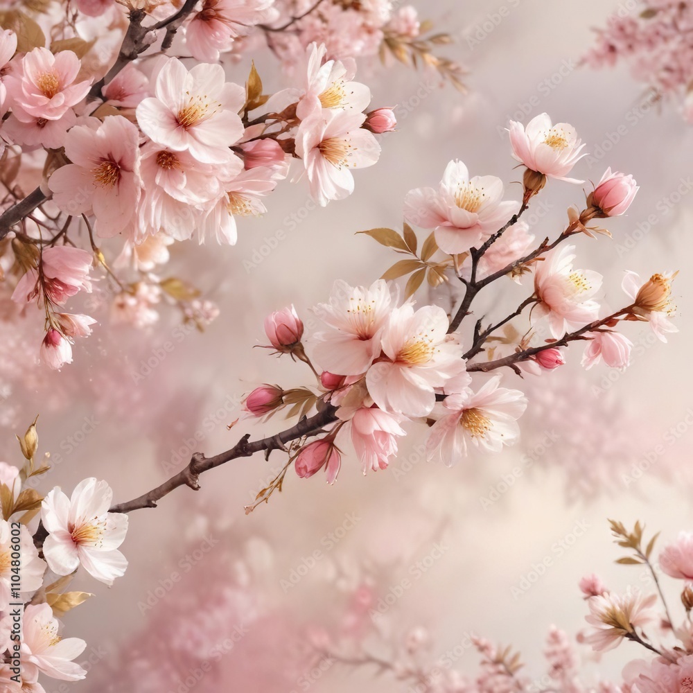 Elegant watercolor print of cherry blossoms and roses in soft pink and golden tones, abstract shapes, graceful, pastel colors Elegant watercolor print of cherry blossoms and roses in soft pink and golden tones, abstract shapes, graceful, pastel colors