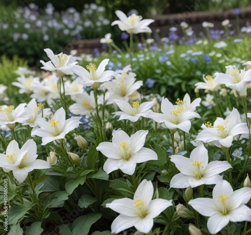 Elegant white blooms of platycodon grandiflorus in a summer garden setting, decorative, botanical garden, ornamental, white flowers, relaxing