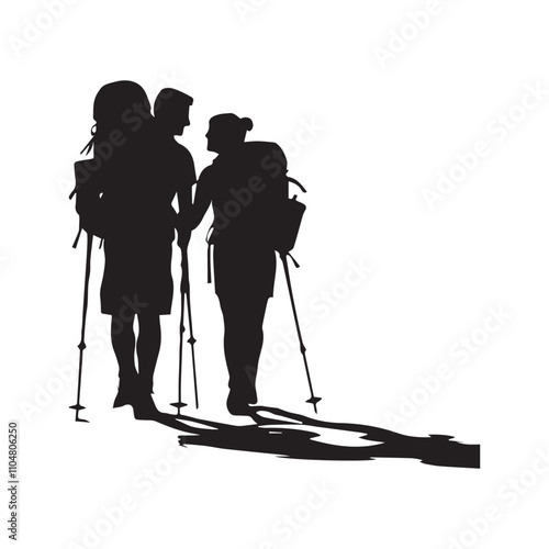 Couple Outdoors Vector Silhouette, Group of Hiking man Silhouettes. hiker with backpack and rucksacks silhouette.