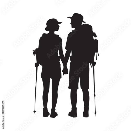 Couple Outdoors Vector Silhouette, Group of Hiking man Silhouettes. hiker with backpack and rucksacks silhouette.