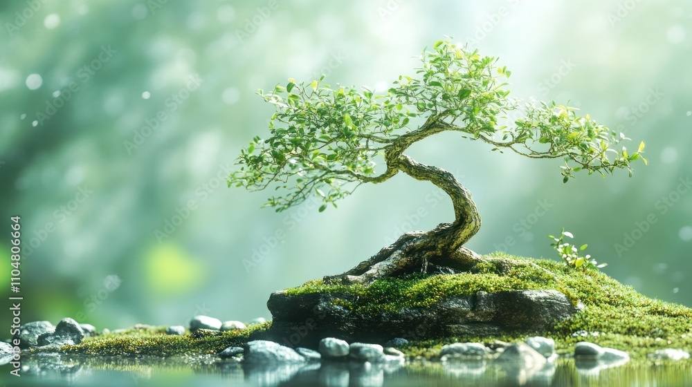 A serene bonsai tree on a mossy rock by a tranquil body of water, surrounded by soft light. A serene bonsai tree on a mossy rock by a tranquil body of water, surrounded by soft light.