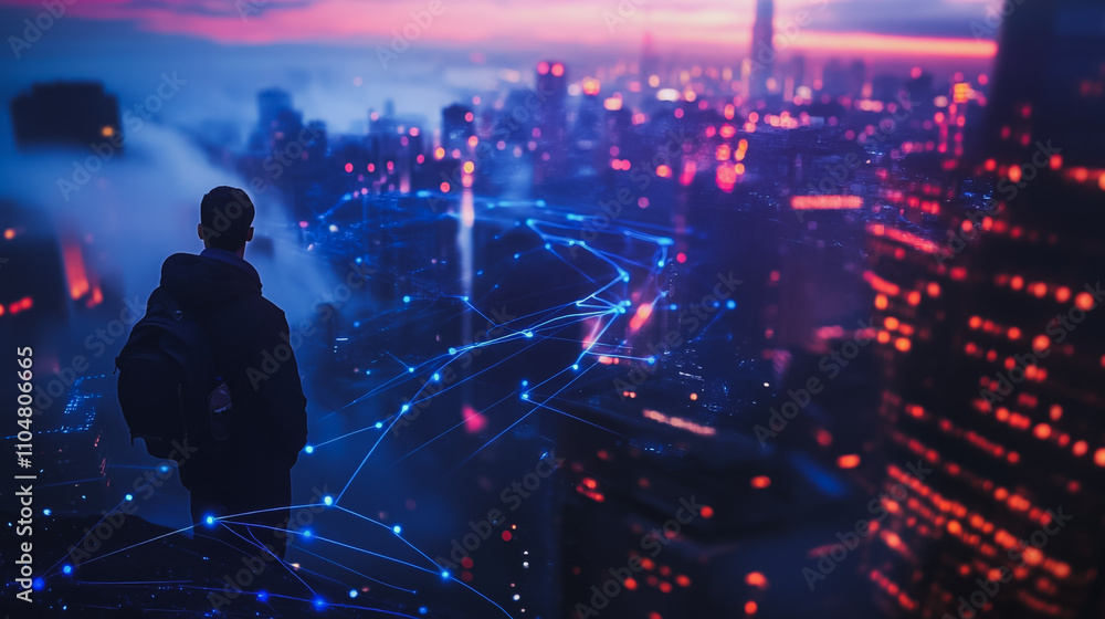 Smart digital city with connection cyber security network reciprocity over the twilight cityscape.future wireless digital city and social media networking systems that connects people within the city Smart digital city with connection cyber security network reciprocity over the twilight cityscape.future wireless digital city and social media networking systems that connects people within the city