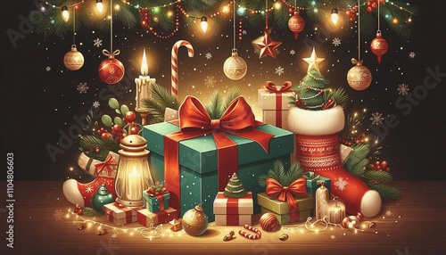 
illustration of a Christmas, New Year's gift, template for festive decoration of social networks, blog, wrapper, greeting card, wall, banner, shop window