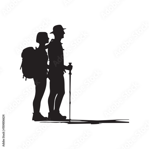 Couple Outdoors Vector Silhouette, Group of Hiking man Silhouettes. hiker with backpack and rucksacks silhouette.