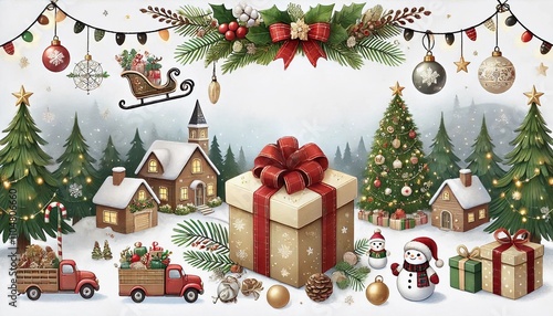 
illustration of a Christmas, New Year's gift, template for festive decoration of social networks, blog, wrapper, greeting card, wall, banner, shop window