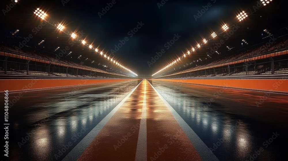 Illuminated Race Track at Night with Grandstands and Wet Asphalt Illuminated Race Track at Night with Grandstands and Wet Asphalt