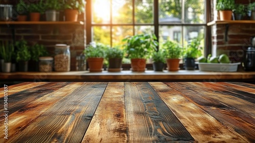 Rustic Kitchen Scene with Wooden Table and Natural Light photo